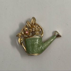 LIA Green Enamel Watering Can Flowers Gardening Pin Vintage Signed